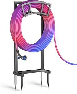 $27 Garden Hose Holder Freestanding, Outdoor Heavy Duty Water Hose Holder Reel with 4 Spikes Holds 150-ft Water Pipe, Detachable Metal Hose Storage Stand Hanger Rack for Outside Yard Lawn Farm, Black