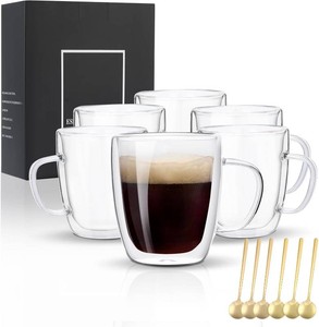 $21 VENVENWEAVS Glass Coffee Mugs Set Of 6, 13.5 OZ Insulated Double Wall Coffee Cups, Perfect for Cappuccino, Latte, Americano, Tea Bag, Beverage,Glass Coffee Cups With Handles