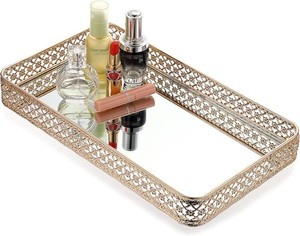 $25 ELLDOO Gold Perfume & Makeup Vanity Tray - Hollow-Carved Jewelry Storage, Glass & Metal Trinket Organizer for Dresser & Bathroom Countertop, Large Size