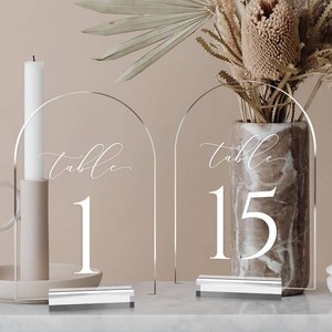 $38 Clear Arch Table Numbers for Wedding, 5x7 Inch Arched Acrylic Table Numbers 1-15 with Stands, Clear Acrylic Arch Sign with Holder for Centerpiece, Reception, Wedding, Party, Event
