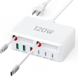 $25 Upgraded 8-in-1 Retractable USB C Charger Block, 120W GaN Multi Charging Station Hub with Lightening & Type C Cable, Travel Essential USB C Power Strip Plug for iPhone 17 16 15 14 Pro Max iPad Galaxy