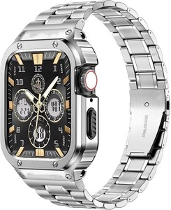 $36 MioHHR Stainless Steel Watch Band with Case Compatible with Apple Watch Series 987(45mm),Rugged Strap with Metal Protective Bumper Cover for iWatch Band Men(Silver)