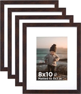 $23 KINLINK 8x10 Picture Frame Brown Set of 4, Wooden Photo Frames Matted 5x7 with Plexiglass for 5x7 with Mat or 8x10 without Mat for Table and Wall Display