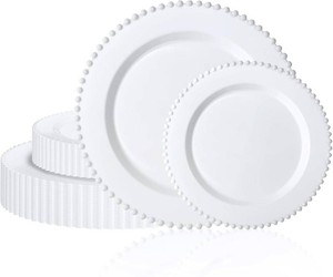 $33 U-QE 60PCS White Plastic Plates - Fancy Beaded Plates Disposable Heavy Duty - Premium Hard Plastic Plates for Party, Wedding & Birthday Including 30 Dinner Plates 10 & 30 Dessert Plates 7