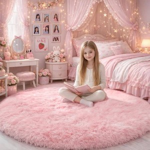 $70 Amdrebio Pink Round Area Rugs 7Ft for Girls Bedroom Decor, Fluffy Large Circle Rug for Living Room, Kids Room, Teen, Fuzzy Plush Carpets for Baby Nursery, Dorm, Classroom, Big Indoor Kawaii Cute Rug