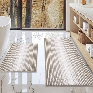 $30 BSICPRO Bathroom Rugs and Mats Sets, 2 Piece Thick Absorbent Chenille Non Slip, Soft Shaggy Floor Mats, Machine Washable (Light Taupe, 20 x 47 Plus 16 x 24)