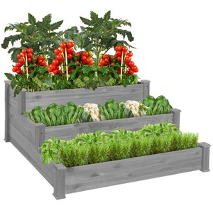 3-Tier Raised Fir Wood Garden Bed Planter w Stackable & Flat Setup - Grey