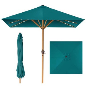 Square Solar LED Lighted Patio Umbrella w Woodgrain Pattern - 9ft - Sky Blue