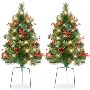 Set of 2 Pre-Lit Pathway Christmas Trees w Pine Cones, Timer - 24.5in