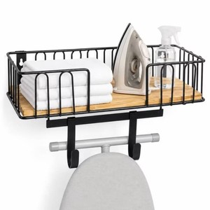 Ironing Board Holder Iron Board Hanger Wall Mount with Shelf Storage Wood Base and Removable Hook for Laundry Room