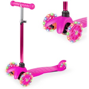 Kids Mini Kick Scooter Toy w Colorful Light-Up Wheels, Adjustable T-Bar - Pink