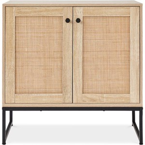 2-Door Rattan Storage Cabinet Accent Furniture for Living Room w Foot Pads - Light Oak