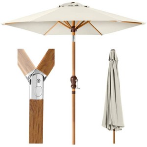 Outdoor Woodgrain Pattern Patio Umbrella Decoration w Tilt, Crank - 10ft - Ivory