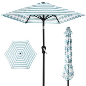 Outdoor Steel Striped Market Patio Umbrella w Tilt, Crank Lift - 10ft - Sky Blue