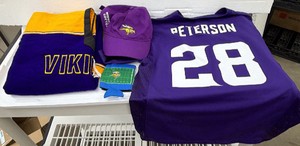 Minnesota Vikings, Adrian Peterson youth jersey plus Minnesota Vikings blanket, Minnesota Minnesota Vikings hat, and Minnesota Minnesota Vikings can coozie
