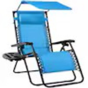 Zero Gravity Folding Reclining Light Blue Fabric Outdoor Lawn Chair with Canopy Shade, Headrest Tray