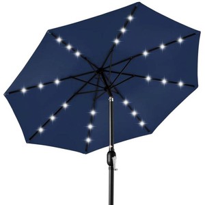 Solar LED Lighted Patio Umbrella w Tilt Adjustment, UV-Resistant - 10ft - Navy Blue