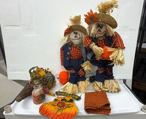 Lot of HalloweenFall seasonal decorations- scarecrows candle, tin sign and more