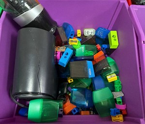 huge lot of pencil sharpeners with tote