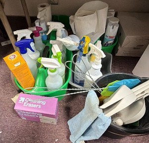 lot of miscellaneous, cleaning supplies, and bottles all open