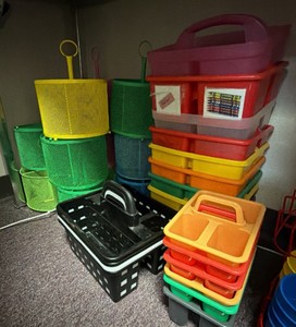 lot of table, organizers and pencil organizers, various shape, sizes, and colors