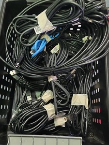bin of USB to mini USB connectors printer connectors