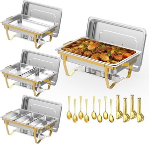 $149 4 Pack 9 Qt Chafing Dishes Buffet Set - Gold Stainless Steel Food Warmers with 12 Serving Utensils (Tongs, Ladles, Spoons) for BBQ, Parties, Catering, Weddings, Events