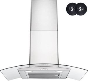 $200 Range Hood 30 Inch, FIREGAS DuctedDuctless Convertible Wall Mount Range Hood with Tempered Glass, 3 Speed Fan, 400CFM, Button Control, LED Light, Stainless Steel Filters, include 2 Charcoal Filters