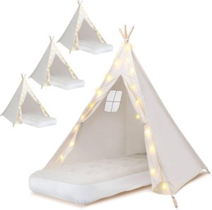 $160 4 Pack Teepee Tent for Kids Thickened with Light String and Inflatable Airbed, Slumber Party Tents, Sleepover Tents Party for Girls Boys Indoor Outdoor (White)