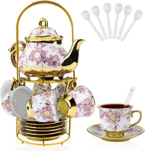 20 Pcs Porcelain Tea Set with Metal Holder, European Ceramic Tea Set for Adults, Adult Tea Set Gift, Flower Tea Cup Saucer Set for Party With Gold Flower Painting (Elegant Purple500ml)