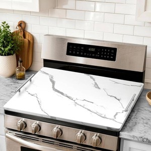 Noodle Board Stove Cover with Handles, Stove Top Covers for Gas Burners and Electric Stove, Wood Stove Cover Board Decorative Serving Tray Kitchen Sink Cover for Counter Space (White Marble)