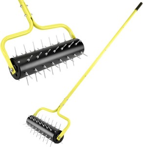 21 Rolling Lawn Aerator, 45 Preassembled Spikes, Only Needs 3-5 Minutes to Assemble, No Looseness, Good Package, 75 Long Handle with Quick Clip Connections, U-Shape Construction - Yellow.