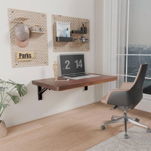 IAE Wall Mounted Folding Table with Pine Wood,24 x 14 Floating Wall Desk,Laundry Folding Table with Shelf Brackets,Fold Down Desk Shelf,Folding Workbench for Home,Dining,Laundry Room,Kitchen,Brown