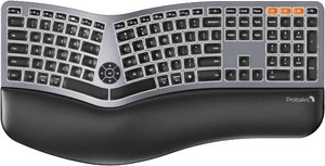 Backlit Bluetooth Ergonomic Keyboard, ProtoArc EK01 Plus Full Size Wireless Split Keyboard with Dual Bluetooth and USB, Cushioned Wrist Rest, Rechargeable for WindowsMacAndroid, Grey Black