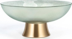 Round Glass Decorative Bowl (Green), 9.8 Inches Handblown Striped Design Glass Bowl with Rust Resistant Metal Base,Decor Fruit Bowl for Home Decor,Table Centerpiece,Kitchen Island and Dining Decor