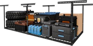 $146 FLEXIMOUNTS 4x8 Overhead Garage Storage Rack, Adjustable Organization System, Heavy-Duty Metal Ceiling Racks, 750lbs Weight Capacity, Black, Classic Series