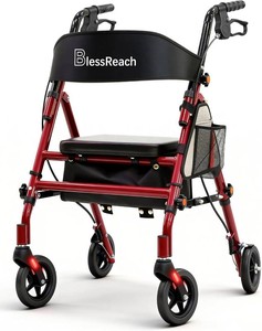 BlessReach Lightweight Foldable Rollator Walkers with Seat for Seniors, 300 lb Capacity, 5-Position Adjustable Height, Premium Hybrid Rolling Walker - Aluminum and Carbon Steel (Red)