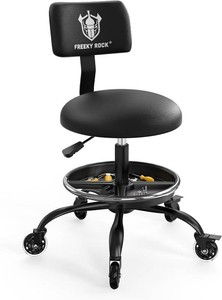 $140 Rolling Shop Stool with Wheels, Garage Mechanic Stool Chair with Backrest, Height Adjustable Heavy Duty Swivel Task Chair, Adjustable Footrest with Storage Tray for Garage Kitchen Salon Tattoo (Black)