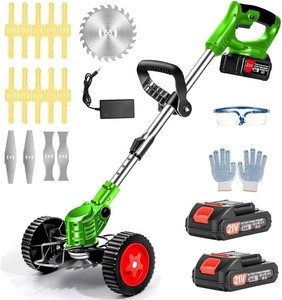 Electric Weed Wacker Cordless with Wheels, 2pcs Batteries&4 Types Blades,Lightweight, Low Noise 21V Battery Powered Weed Wacker, 3-in-1 Grass TrimmerBrush CutterEdger, for Thick Weeds&Yard Garden