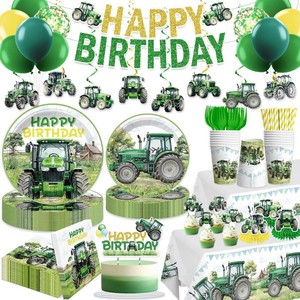Xynic 201pcs Tractor Birthday Decorations, Convenient Paper Tableware Set Includes 300gsm Plates Waterproof Tablecloths Cupcake Toppers and Balloons for Tractor Birthday Party