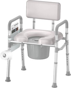 soundfuse Bedside Commode Toilet, Padded Seat and Backrest, Aluminum Frame  Height Adjustable, Dual-Crossbar, Portable Toilet for Seniors and Adults, Removable Potty Bucket, Tool-Free Assembly, 350 lbs