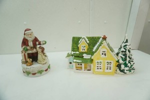 Christmas Village Ceramic Yellow House Porcelain Santa Music Box