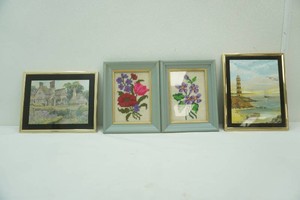 2 Manifestations Inc. Optical Illusionary Art, 2 vintage needlepoint floral pictures