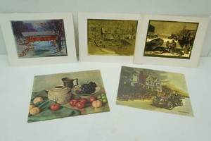 litho print Still Life 8 x 10, vintage Rosemarys Motor Car Ride by Ken Eberts lithograph on canvas, 3 vintage foil prints