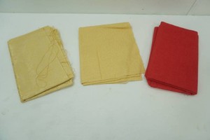 bright red woven textile possibly Hemp 44 x 54, gold polyester floral Jacquard satin fabric 31 x 44, textured yellow chenille fabric 18 x 44