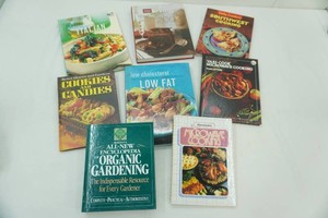 group of cookbooks including Martha Stewart, Kenmore, Betty Crocker, and others