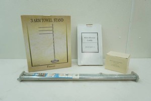 bathroom accesories including 3 arm towel stand, wire shower caddy, 3 piece set tumbler, soapdish, toothbrush holder, adjustable closet rod