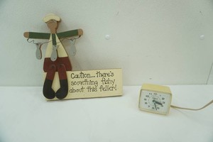 Vintage Electric Timex Alarm Clock & Caution....theres something fishy about this feller wooden decor sign