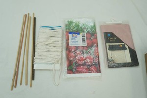 wooden dowels, cotton string, window valance, poly table cloth