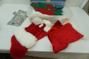 tot of Christmas decor, hats, stockingstable runners and more